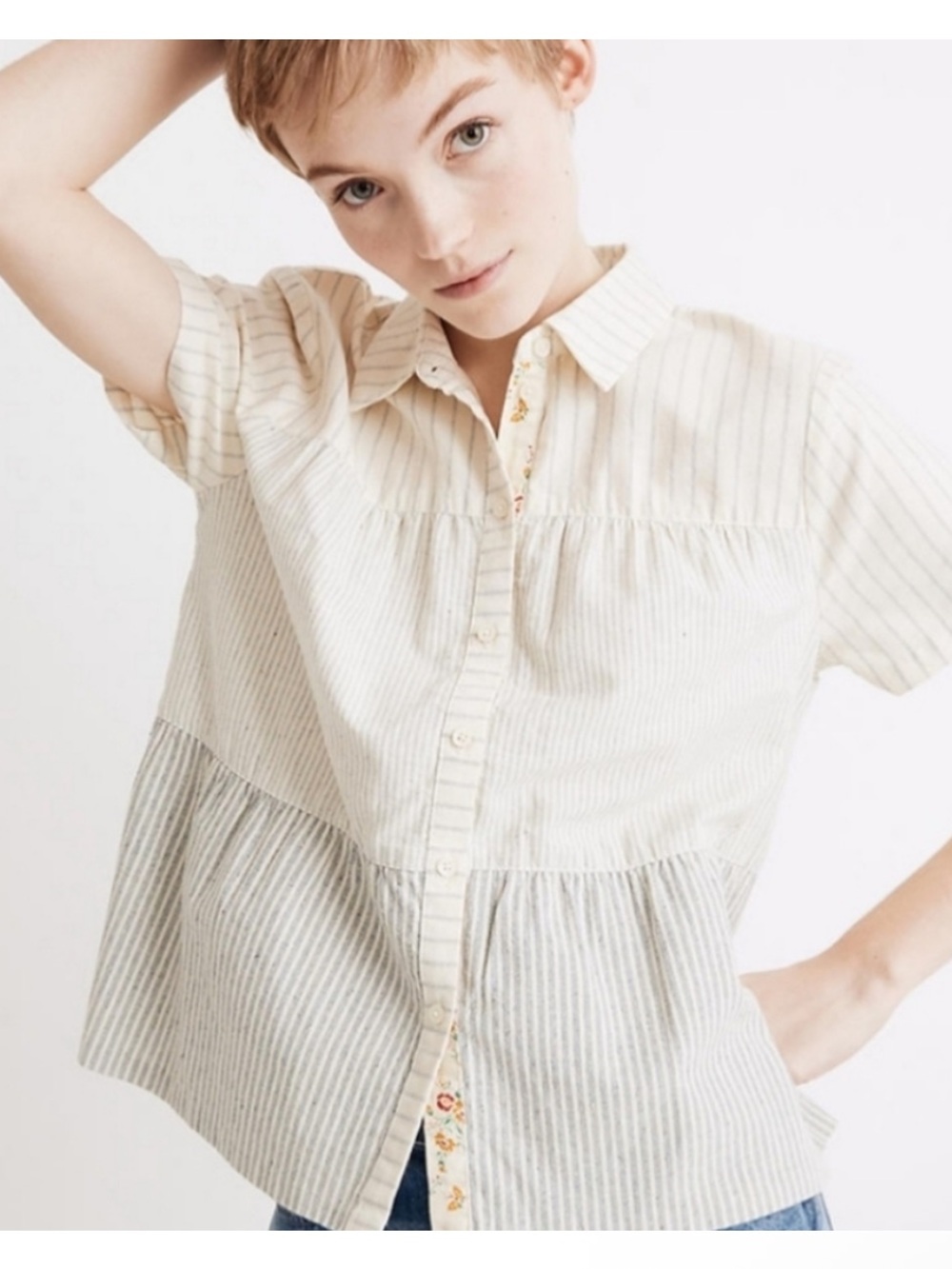 Madewell X The Denim Project cream Gray Striped Short-Sleeve Button Shirt